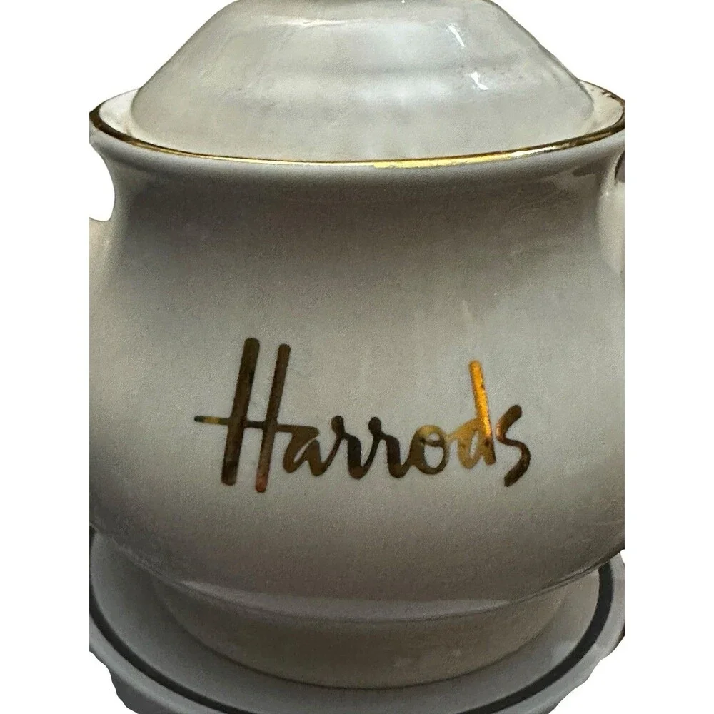 Vintage Harrods Knightsbridge White Ceramic Gold Trim Teapot James Sadler 3”